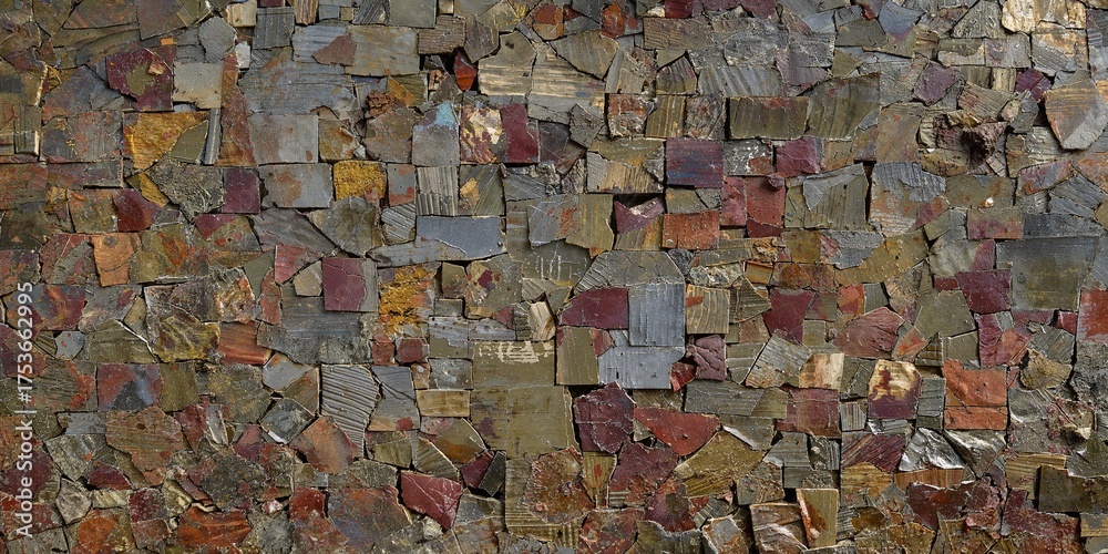 Fototapeta premium Rustic textured wall with irregular metal and stone fragments in earthy tones, creating an abstract, aged mosaic background.