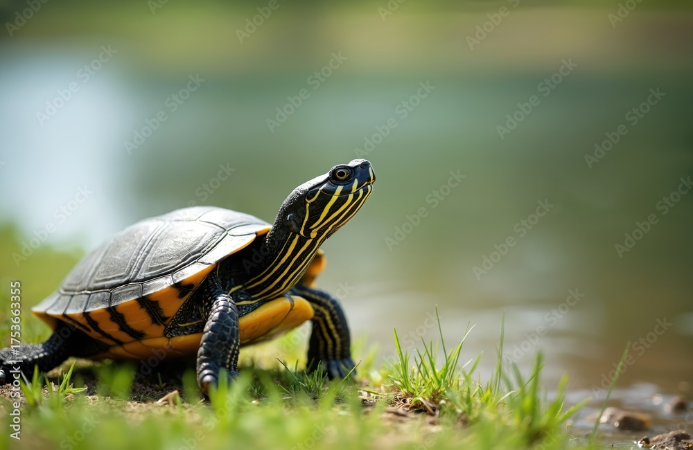 Fototapeta premium Close up shot of yellow bellied eared turtle on riverbank. Reptile with yellow stripes on head sits near water. Turtle relaxes in sun on pond shore with grass.