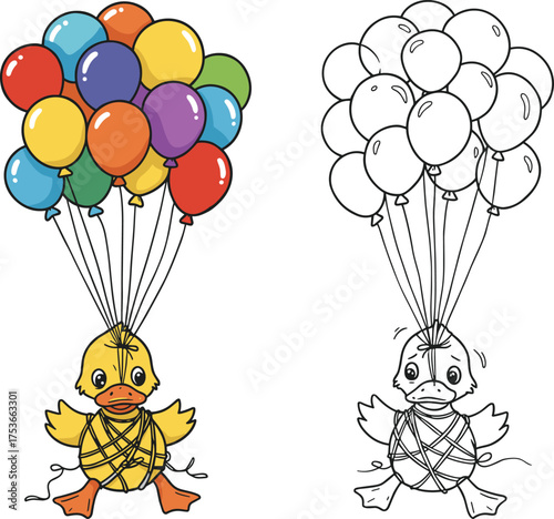 Cute duck with balloons, funny cartoon bird illustration, coloring page and colored version, adorable animal art design