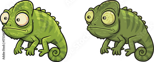 Funny chameleon cartoon illustration, cute green reptile animal sitting still, wildlife character design, exotic lizard nature art concept