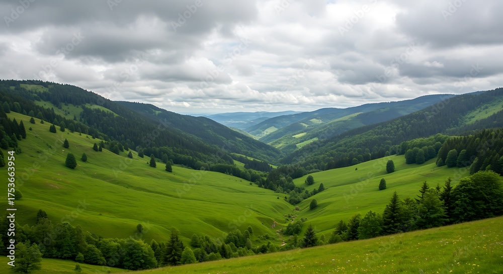 Fototapeta premium Lush green rolling hills and valleys under a cloudy sky, with scattered trees and a winding path