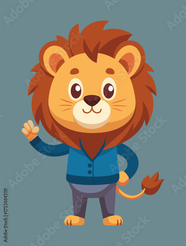Cute cartoon lion character waving hand in stylish outfit with friendly expression on teal background vector illustration