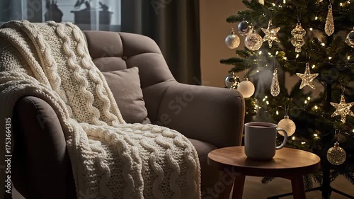 Modern living room with armchair and hot drink near Christmas tree - cozy holiday interior