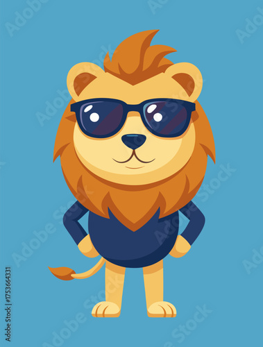Stylish lion cartoon with sunglasses and confident smirk wearing navy sweater on solid blue background