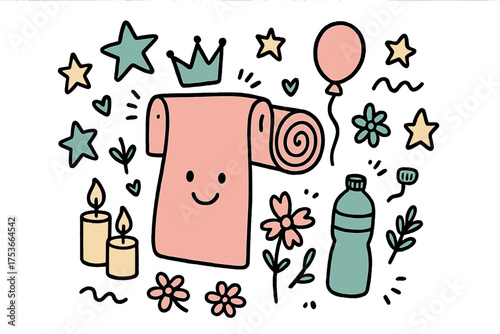Whimsical Outdoor Yoga Scene. Yoga outdoors illustration doodle style: hand drawn yoga mat with smile, crown, star, balloon,