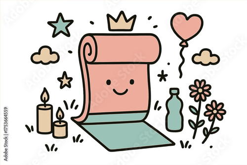 Whimsical Outdoor Yoga Scene. Yoga outdoors illustration doodle style: hand drawn yoga mat with smile, crown, star, balloon,
