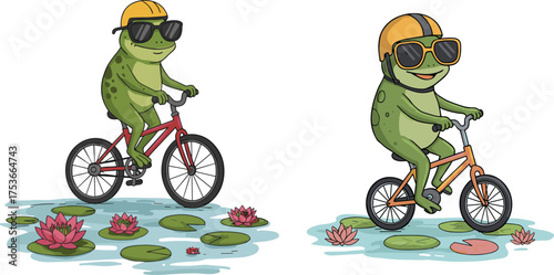Funny cartoon frogs riding bicycles on lily pads with helmets and sunglasses, creative amphibian character design, playful summer art