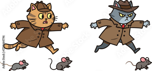 Cartoon detective cats chasing mice in trench coats, funny mystery animal illustration, playful crime scene character art design