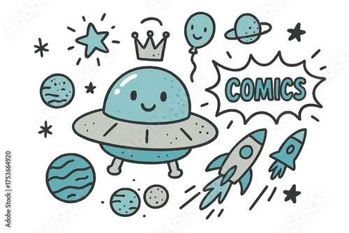 Whimsical UFO Adventure. Science fiction con illustration doodle style: hand drawn UFO with smile, crown, star, balloon, planets,