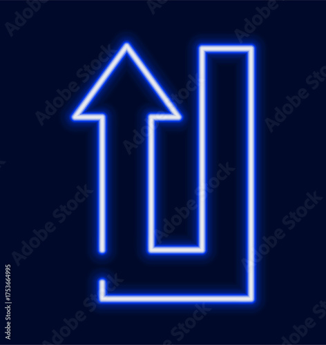 A bright glowing neon arrow representing a loop or upward movement progress or a complex path to the top.