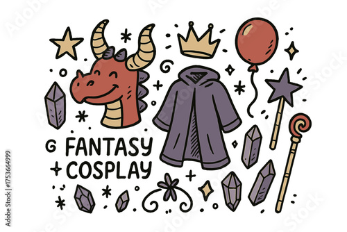 Fantasy Cosplay Doodle. Fantasy cosplay show illustration doodle style: hand drawn dragon horn with smile, crown, star, balloon,