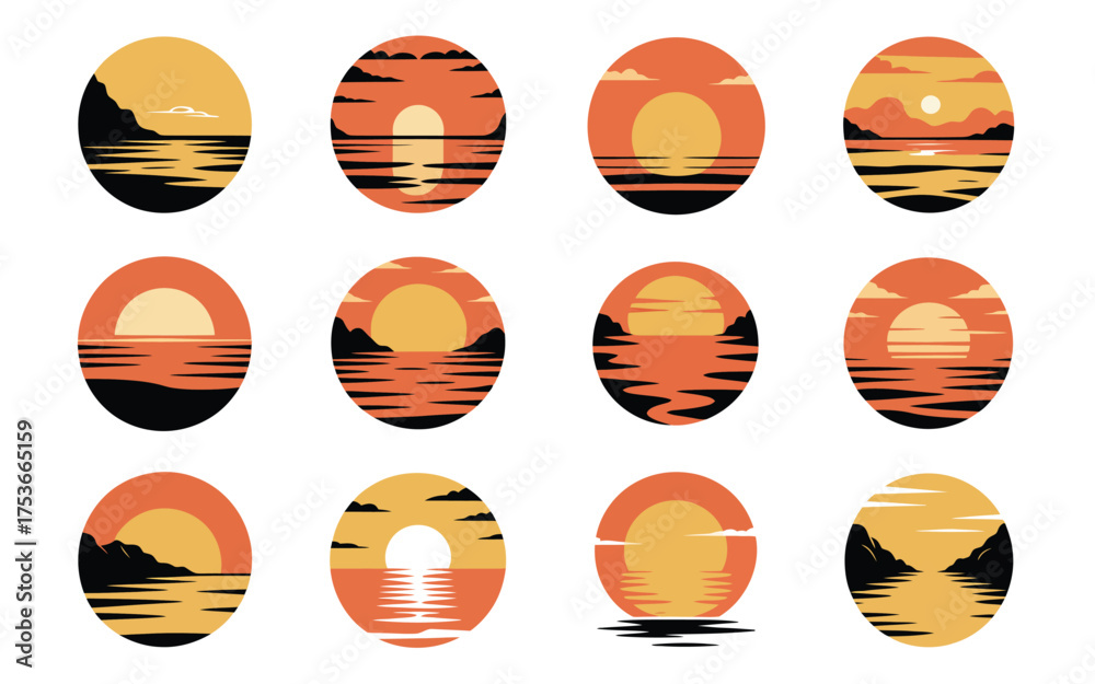 Fototapeta premium Vector art of collection of sunset icons, vector illustration