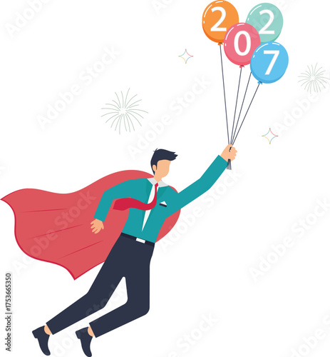 Soaring into 2027 with ambition, a superhero businessman flies high with celebratory balloons, symbolizing success and a bright future ahead for business 2027 vector style flat illustration
