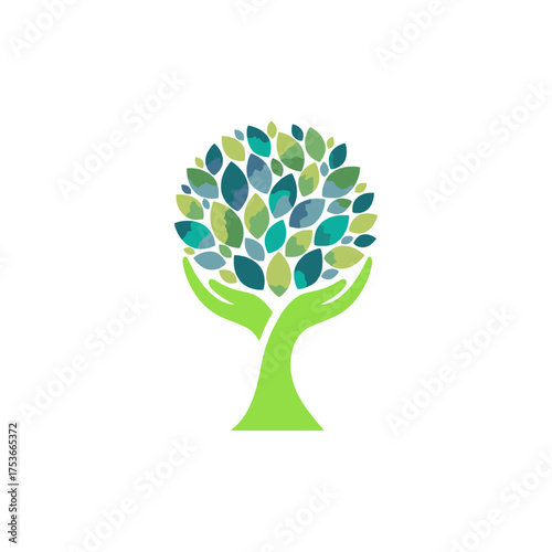 Human hand holding leaf, tree abstract icon logo flat vector design