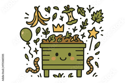 Compost Bin Fun. Composting fair illustration doodle style: hand drawn compost bin with smile, crown, star, balloon, food scraps,