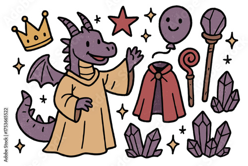 Fantasy Cosplay Doodle. Fantasy cosplay show illustration doodle style: hand drawn dragon horn with smile, crown, star, balloon,