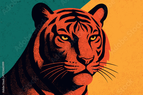 Tiger Portrait Illustration in Vintage Halftone Style with Bold Retro Colors