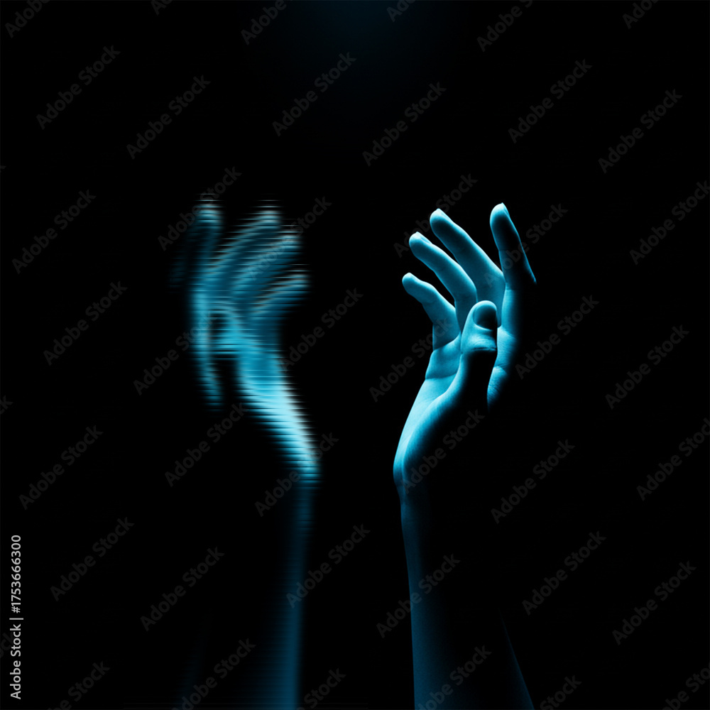 Obraz premium Ethereal blue glowing hands reaching upwards in darkness, symbolizing hope, spirituality, and the search for enlightenment or divine connection