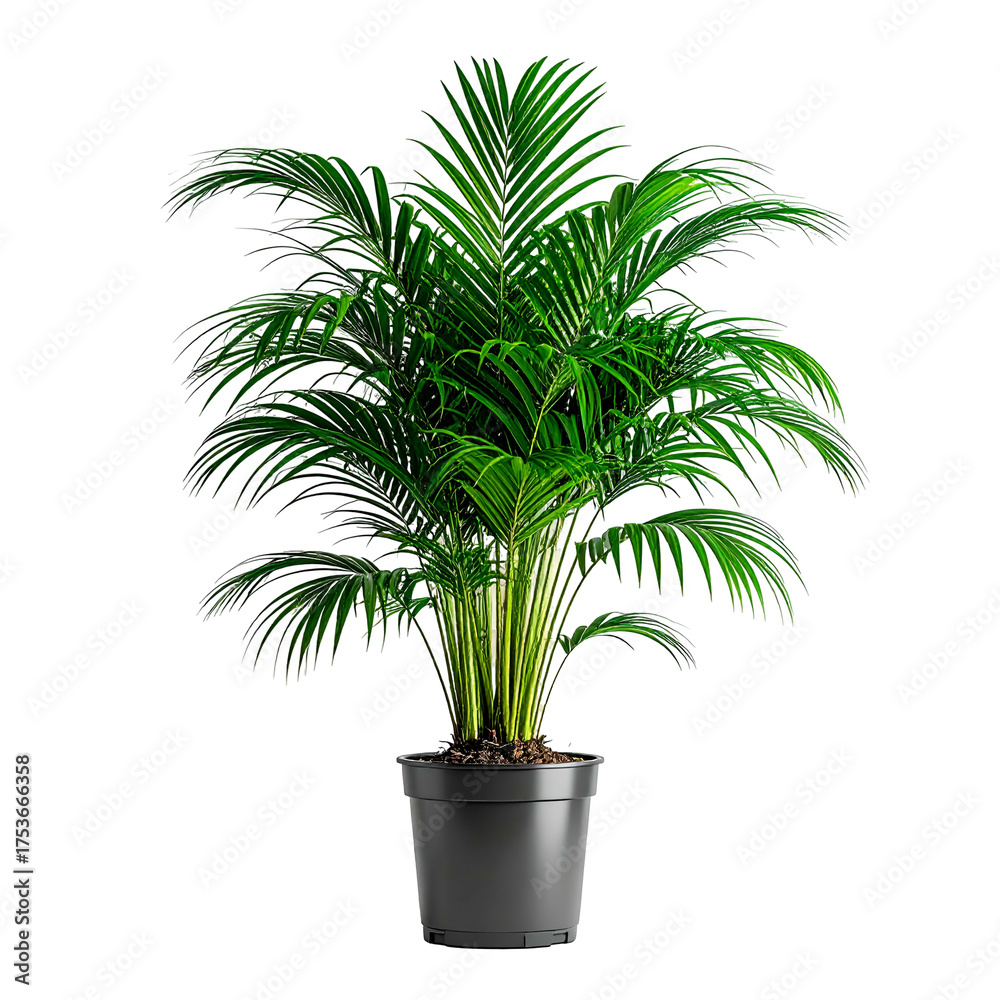 Obraz premium Lush green palm tree in a dark pot, full view, against a black background