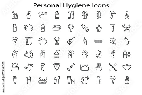 Personal Hygiene Icons Set – Cleanliness and Self-Care Line Vector Collection