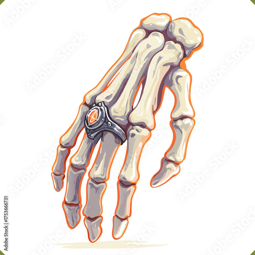 Vector illustration of human skeleton hand with gemstone ring, spooky Halloween style, isolated on a white background