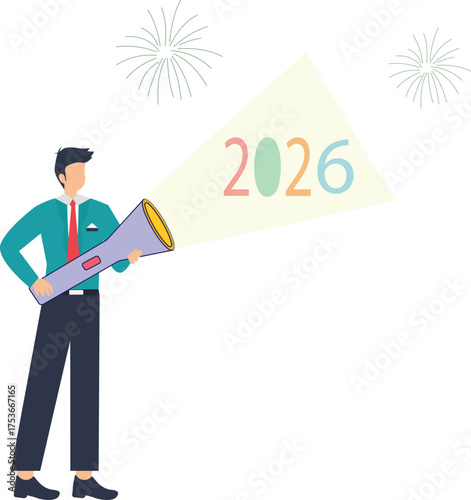 Visionary leader illuminating the path to success in 2026 with confidence and innovation, celebrating future goals with dynamic energy and foresight vector style flat illustration
