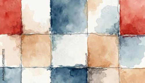 Panel kuchenny z motywem Abstract watercolor squares in red blue beige and white form a seamless pattern. Thin black lines divide the grid. Organic paint textures add depth.