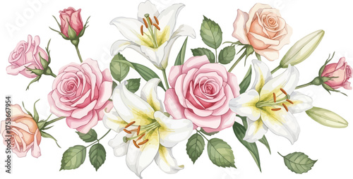 Vector art of beautiful watercolor floral arrangement of pink roses and white lilies