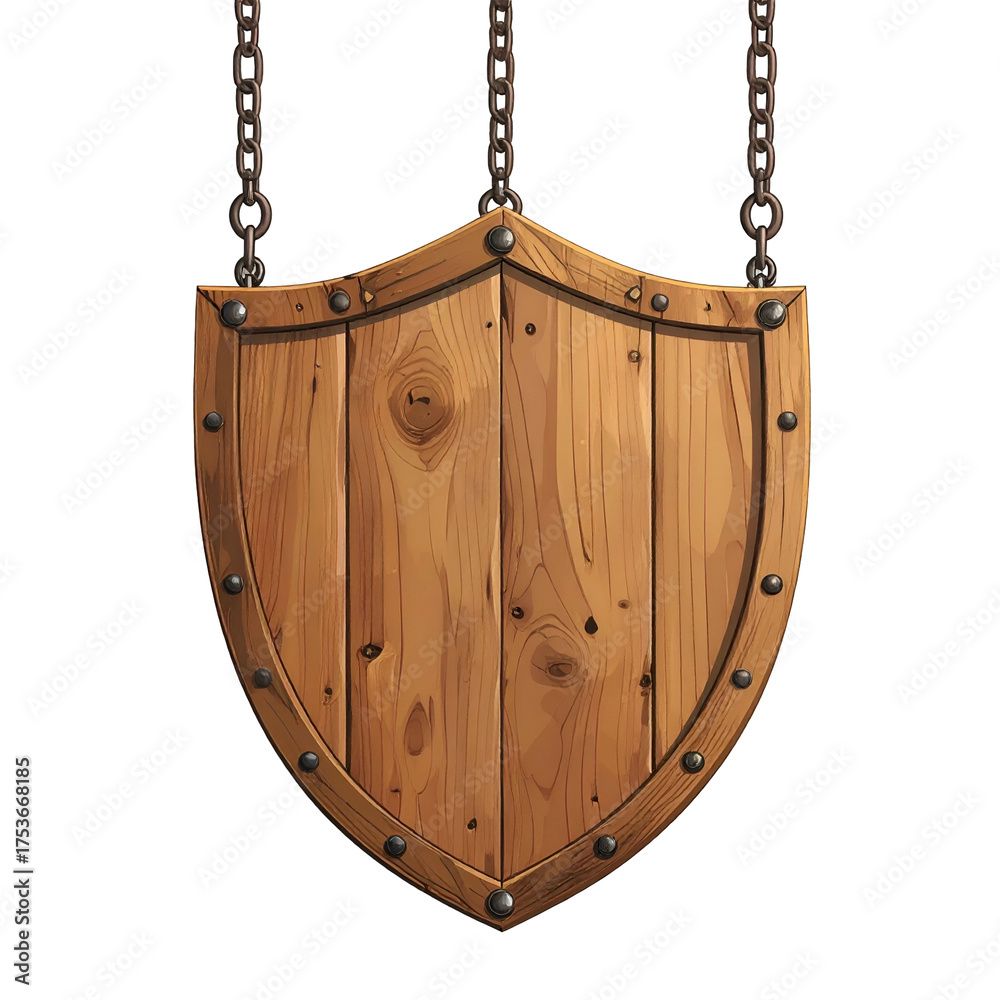 Fototapeta premium A brown wooden shield, hanging by chains, with rivet accents, set against a black backdrop