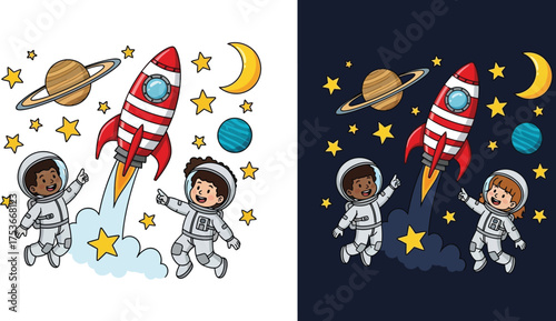 Vector art of children astronauts flying with rocket in space, stars and planets