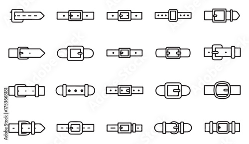 Collection of line art icons showing various belt buckle designs including round, square, and rectangular shapes for accessories visuals