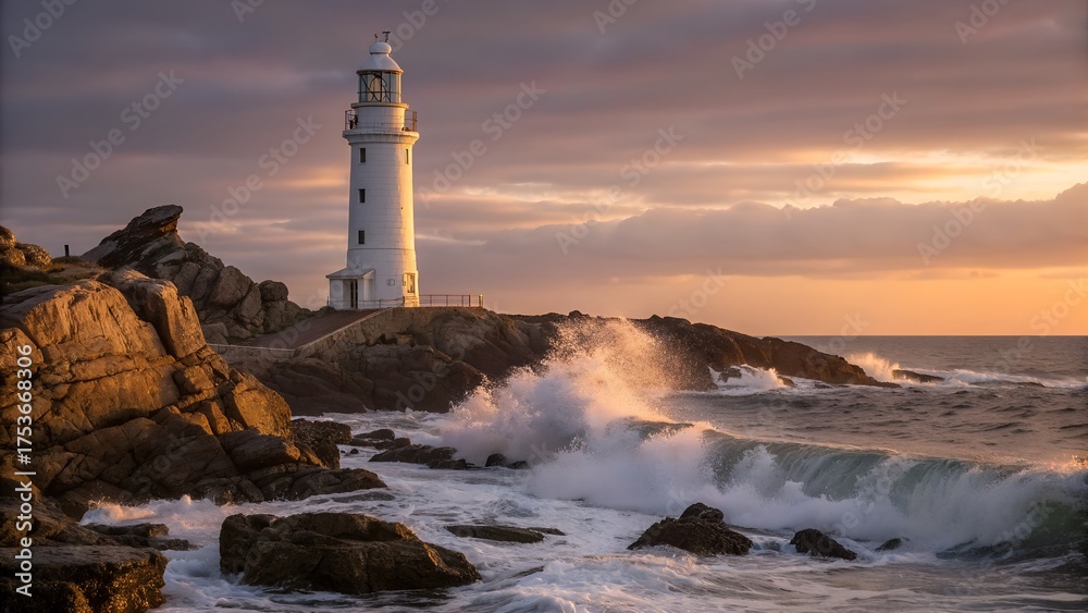 Naklejka premium Dramatic lighthouse on rocky coastline at sunset with crashing waves