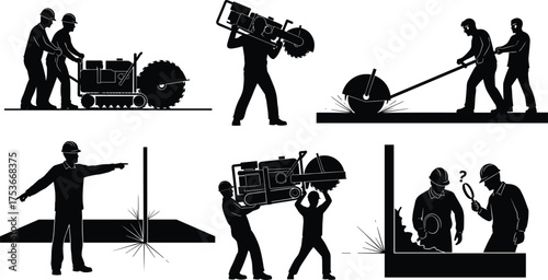Architects and civil engineers silhouette set studying blueprints, planning construction projects, and working on computers, black vector illustration for professional design and engineering concepts.