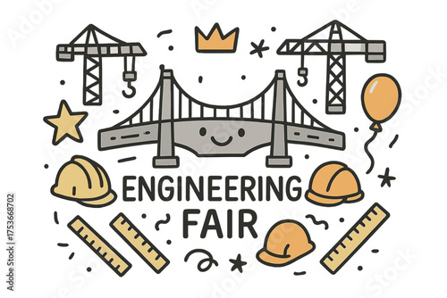 Whimsical Engineering Fair. Engineering fair illustration doodle style: hand drawn bridge with smile, crown, star, balloon, rulers