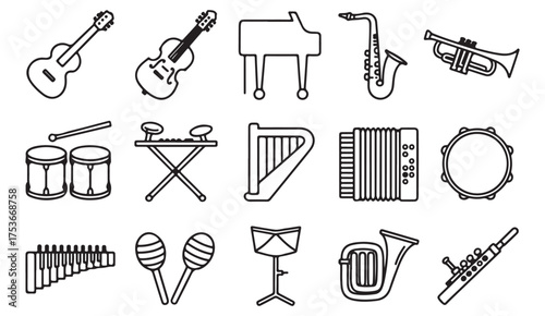 Minimal line icons of musical instruments including guitar, trumpet, piano, drums, saxophone, and harp for music education and concert design illustrations
