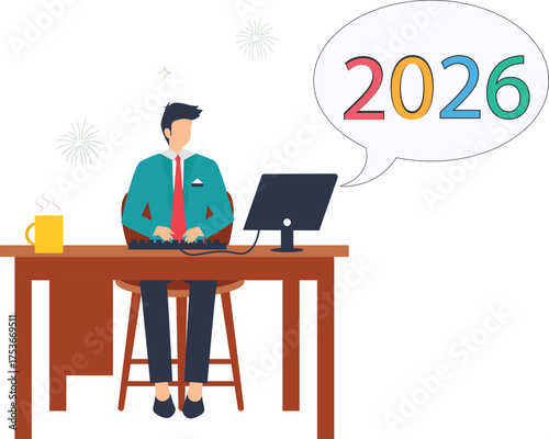 Focused professional anticipates 2026 success while working at a modern desk with coffee, envisioning future goals and achievements in digital workspace vector style flat illustration
