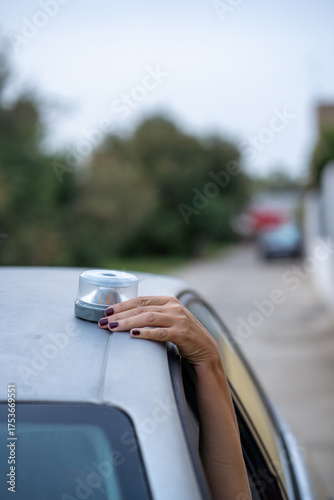 Canvas Print V16 beacon emergency Emergency beacon with flashing amber light to signal a broken-down or stopped vehicle on the road