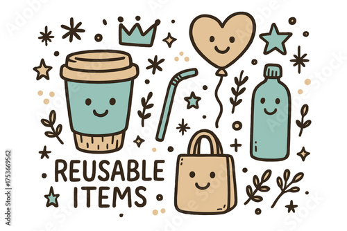 Cute Reusable Items Illustration. Reusable items illustration doodle style: hand drawn cup with smile, crown, star, balloon,