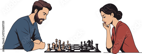 Chess match, strategic thinking, intense concentration, two players, indoor game, mental challenge, board game, competition, focus, decision-making, lifestyle, hobby, leisure, casual clothing