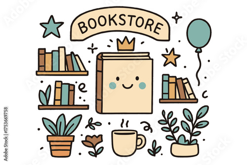 Whimsical Bookish Doodle. Bookstore illustration doodle style: hand drawn book with smile, crown, star, balloon, shelves, coffee