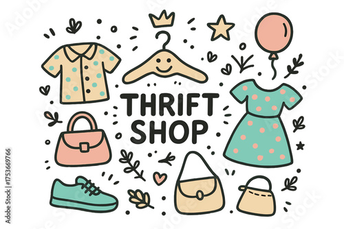 Quirky Thrift Shop Elements. Thrift shop illustration doodle style: hand drawn hanger with smile, crown, star, balloon, clothes,