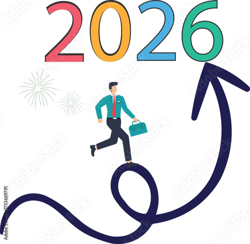 Energetic businessman on upward arrow for 2026 goals and aspirations with fireworks celebrating business growth and opportunity in the new year vector style flat illustration
