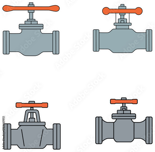 Collection of four industrial gate valves with orange handles on a white background
