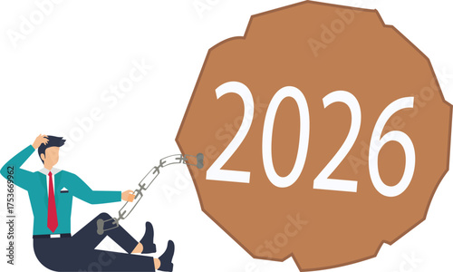 Stressed businessman dragged down by the burdens of 2026 challenges, facing economic uncertainty and financial strain in the coming years vector style flat illustration
