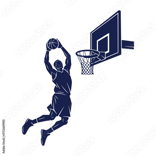 Dark blue silhouette of a basketball player dunking a ball into a hoop vector illustration