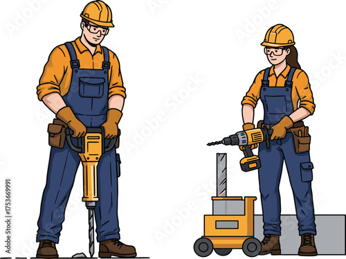 Construction workers, drilling equipment, safety gear, jackhammer, industrial site, concrete block, power tools, teamwork, protective clothing, engineering, labor, outdoor, worksite, machinery, gloves