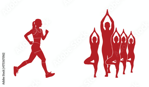 Silhouette of a woman running and a group of people in yoga poses jogging fitness