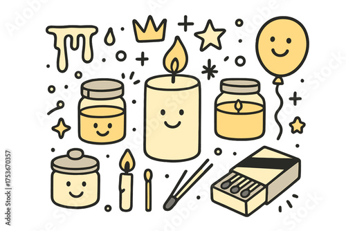 Candle Craft Doodle. Candle making hobby illustration doodle style: hand drawn candle with smile, crown, star, balloon, wax, jars,