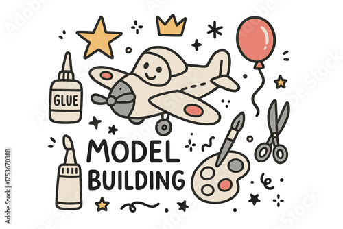 Cute Toy Plane Illustration. Model building hobby illustration doodle style: hand drawn toy plane with smile, crown, star, balloon