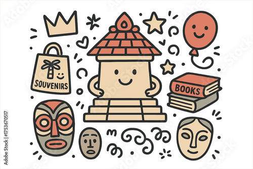 Cultural Trip Doodles. Cultural trip illustration doodle style: hand drawn temple with smile, crown, star, balloon, souvenirs,